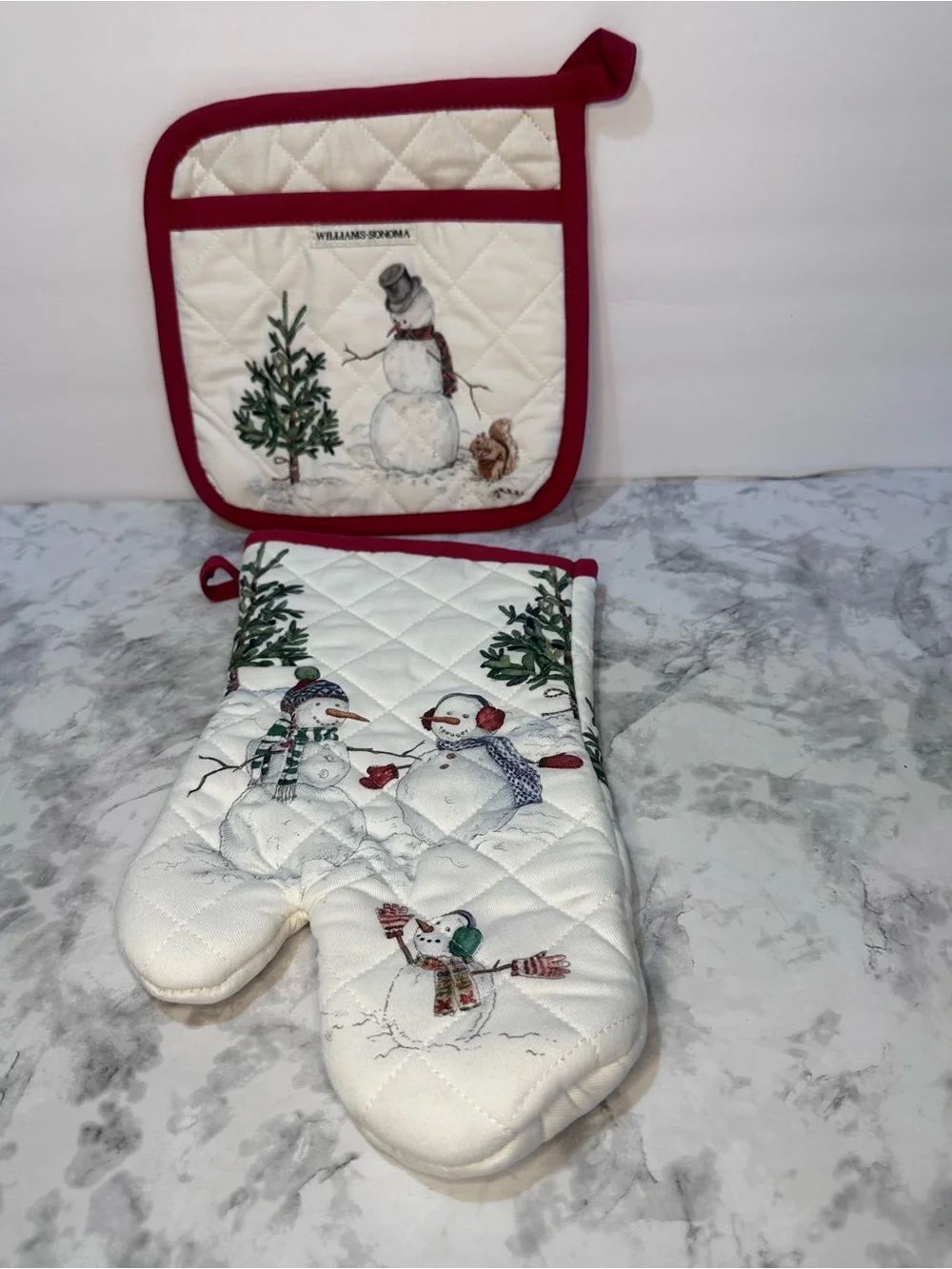Williams Sonoma Snowman Christmas Oven Mitt & Potholder Set Winter Holiday